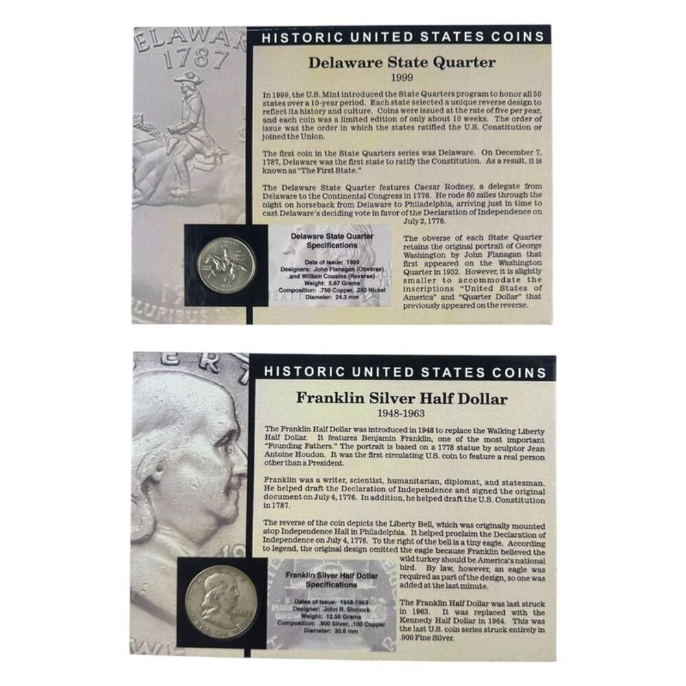 Historic U.S. Coins: Franklin Silver Half Dollar & 1999 Delaware State Quarter